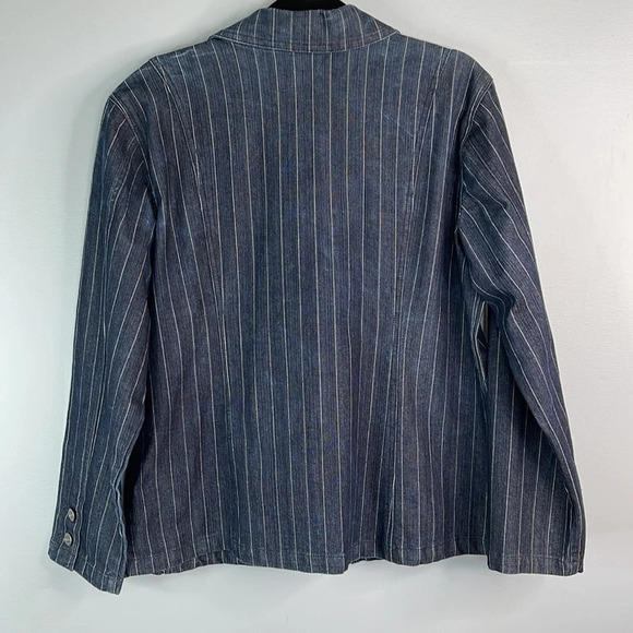 VINTAGE Cotton Ginny Pinstriped Denim Blazer Dark Wash Single Breasted Size XL - Picture 8 of 12
